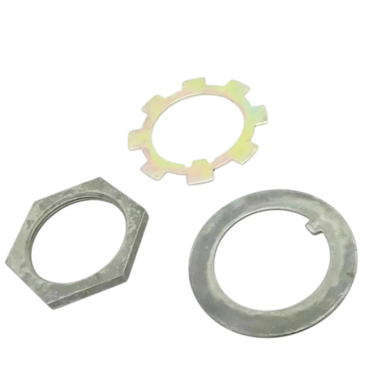Metal lock washer and nut set with toothed washer, hex nut, and split ring washer