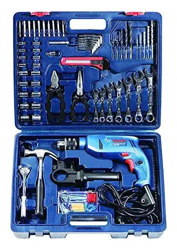 Comprehensive drill kit with impact drill, various drill bits, wrenches, and hand tools in a durable case