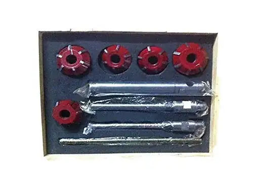 Carbide valve seat cutter set in box with four red cutters and two bars