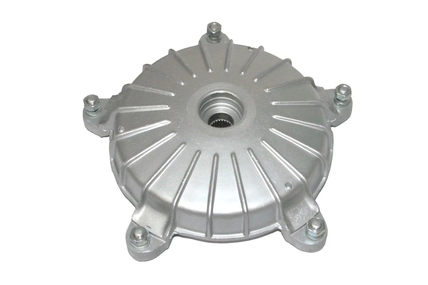Rear wheel drum brake hub unit with center threaded opening and four mounting bolts, metallic