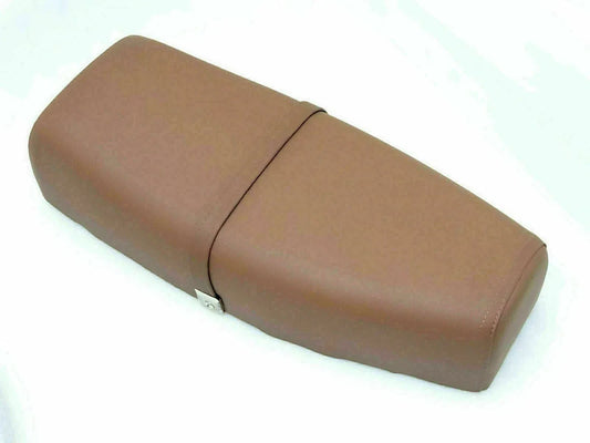 Brown single seat saddle with seam line, curved foam top