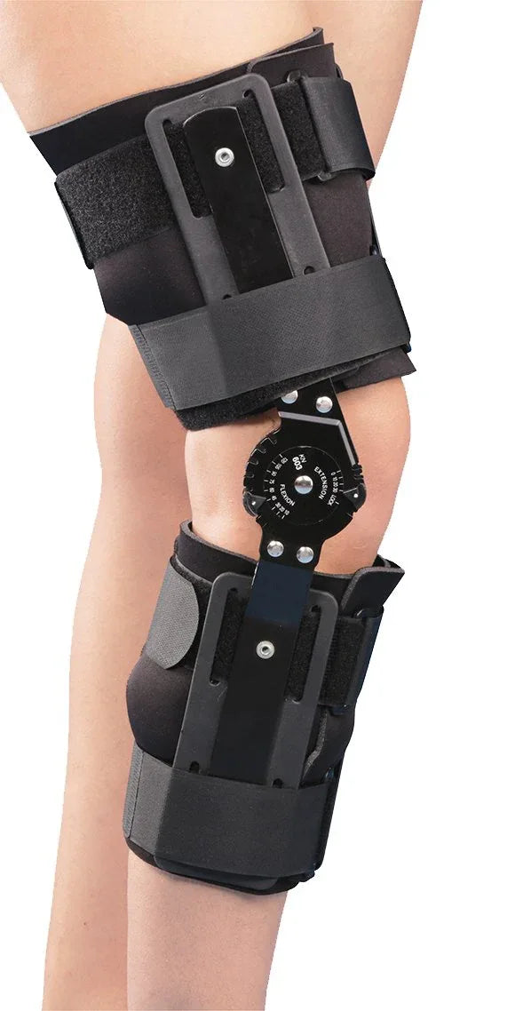 Black hinged knee brace with adjustable straps and support stays
