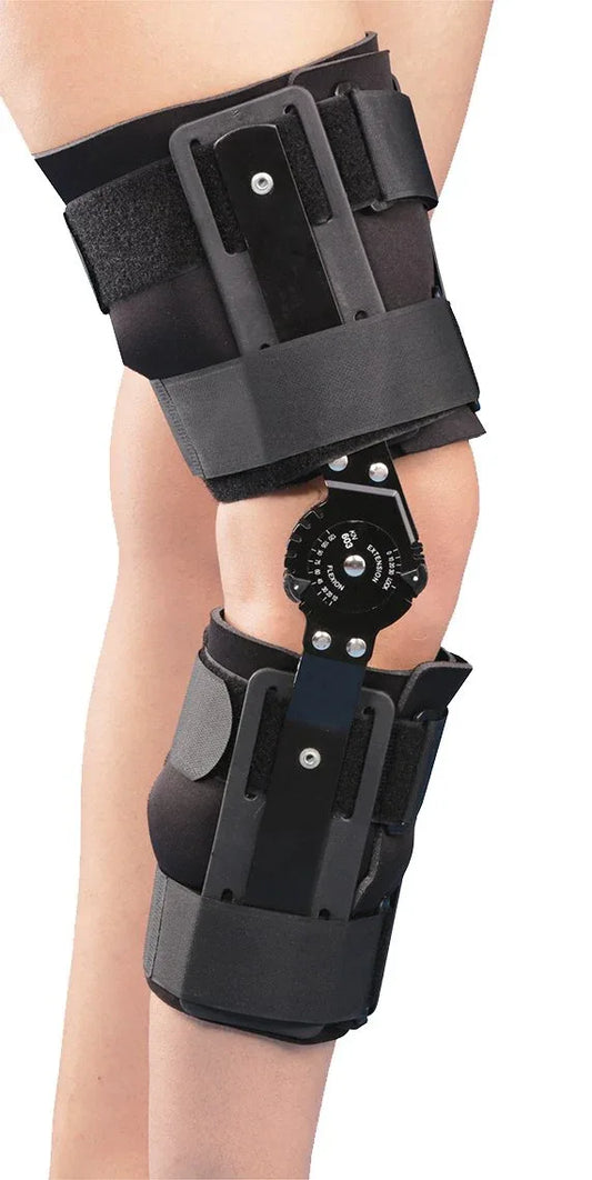 Black hinged knee brace with adjustable straps and support stays