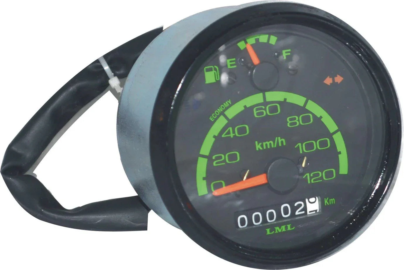 Motorcycle speedometer, black bezel, green km scale, 00002 display