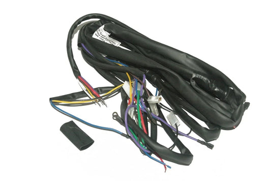 Scooter wiring harness with bundled black cables and multi-colored wire leads