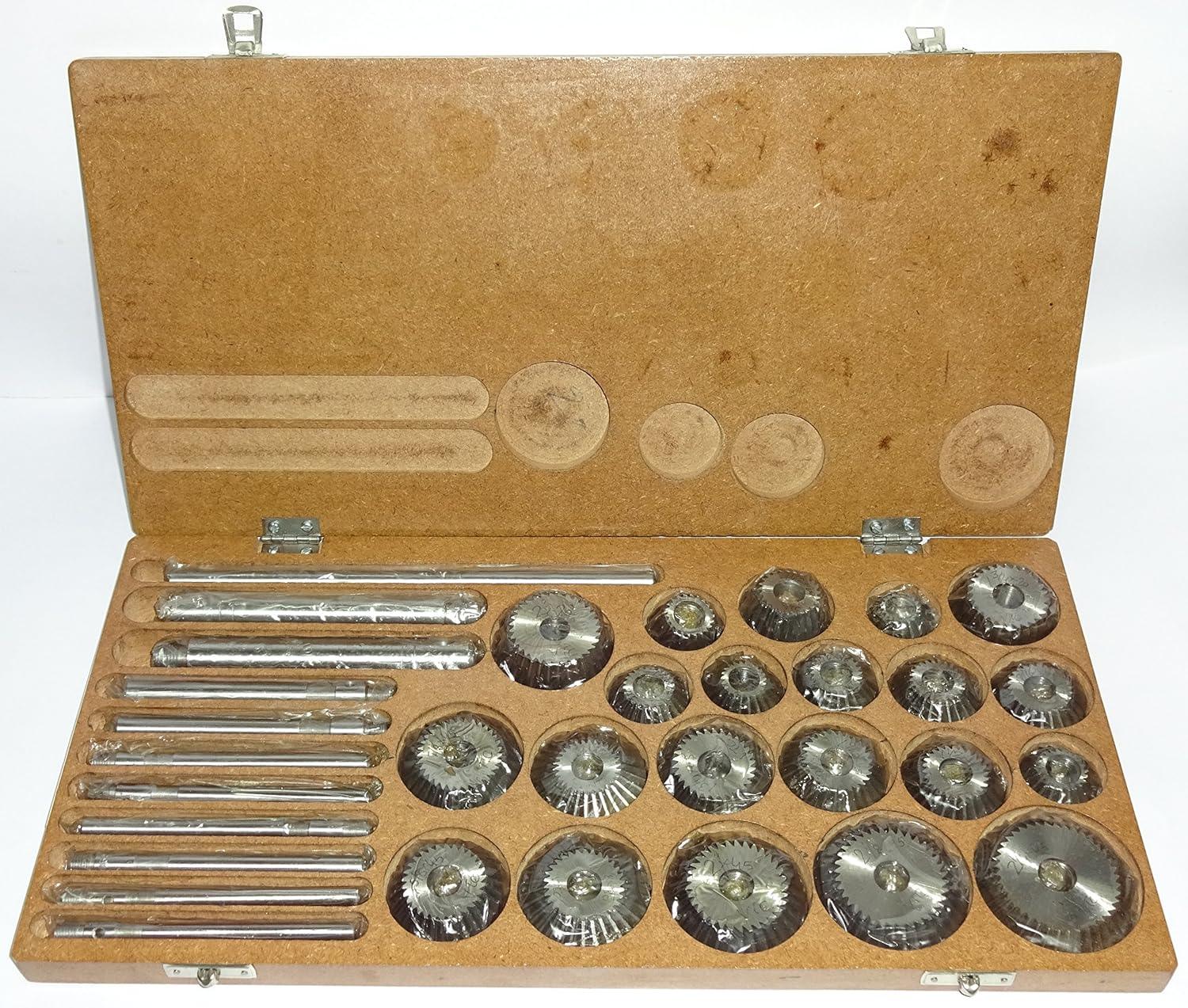 Metal face cutter set with 21 circular cutters in wooden case