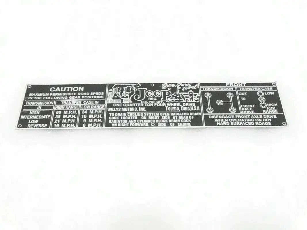 Aluminium information plate with caution text and gear speed diagram