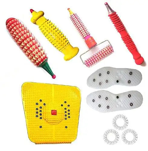 Acupressure feet mat set with yellow foot pad, white insoles, and red/yellow spiked tools
