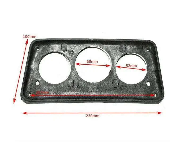 Dark gray tractor instrument cluster tray panel with three round cutouts, 230mm size