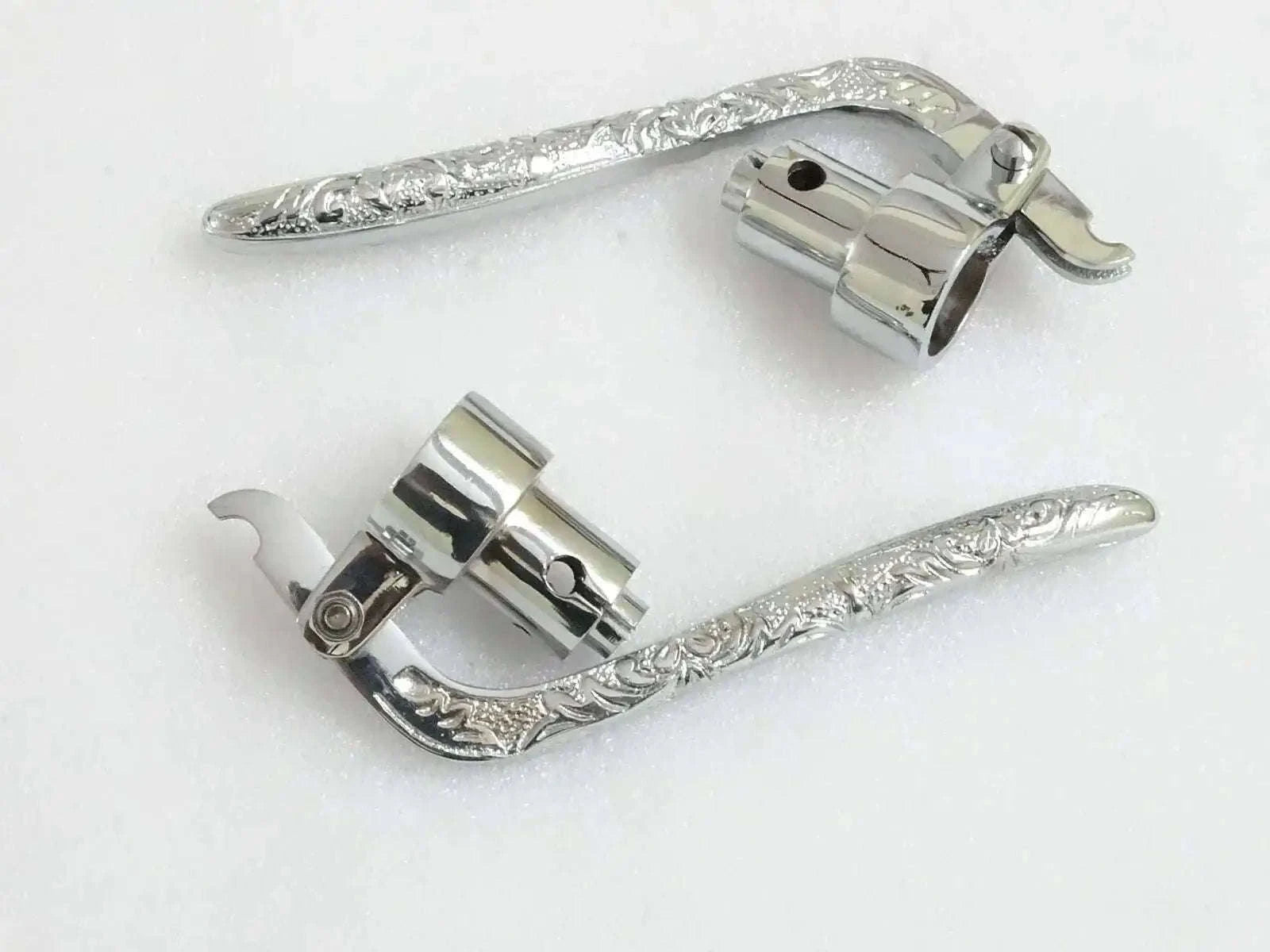 Chromed brass engraved inverted lever door latch, pair