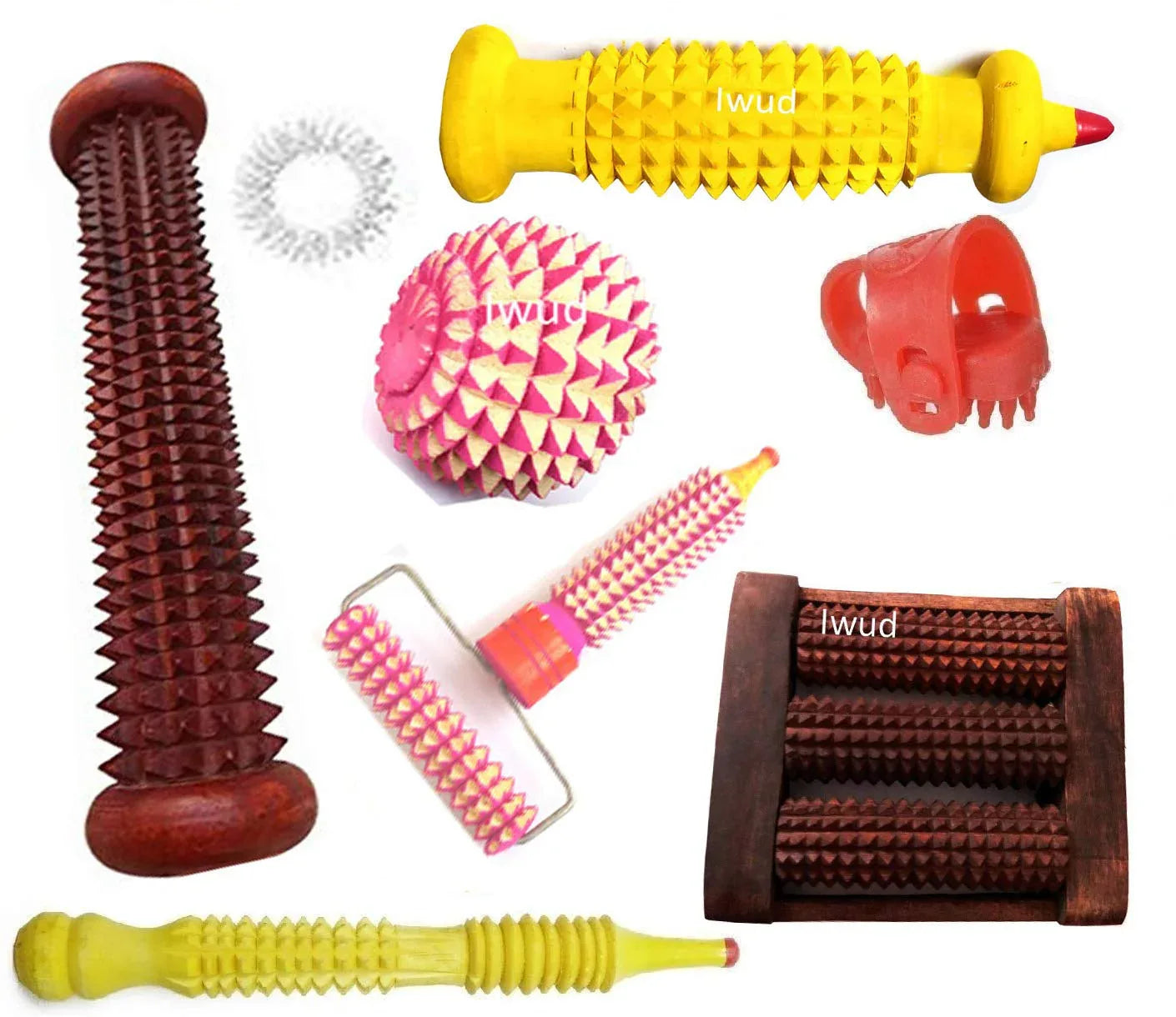 Wood acupressure foot and hand tool set with rollers, spiked ball, and claw pads