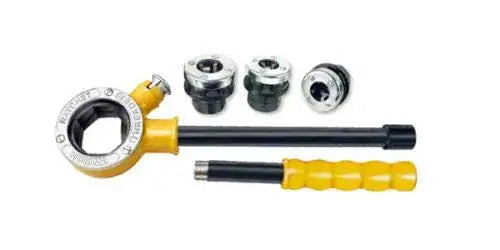 Spare collet with chaser and ratchet die handle, yellow grip and metal heads