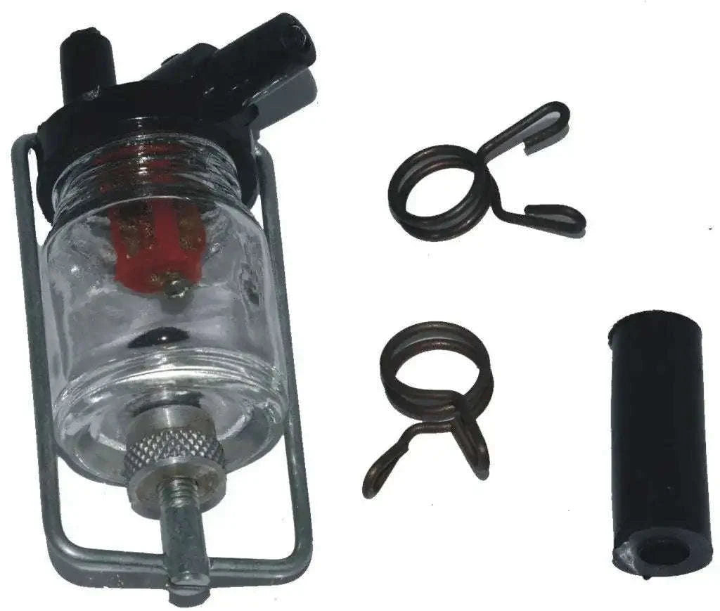 Motorcycle fuel glass filter with black bracket, clear bowl, and rubber seals