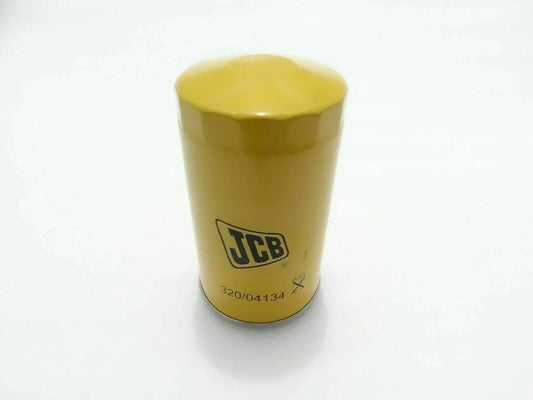 Yellow JCB oil filter canister with printed part number 320/04134