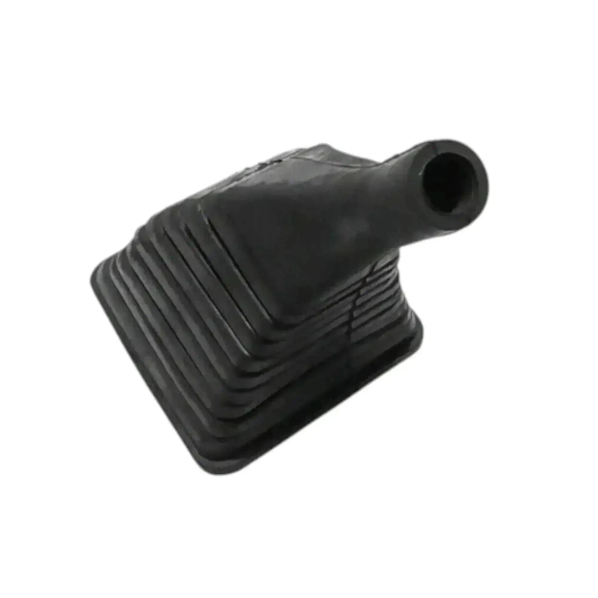 Black rubber control gaiter boot with thick base, curved ribs, and round opening