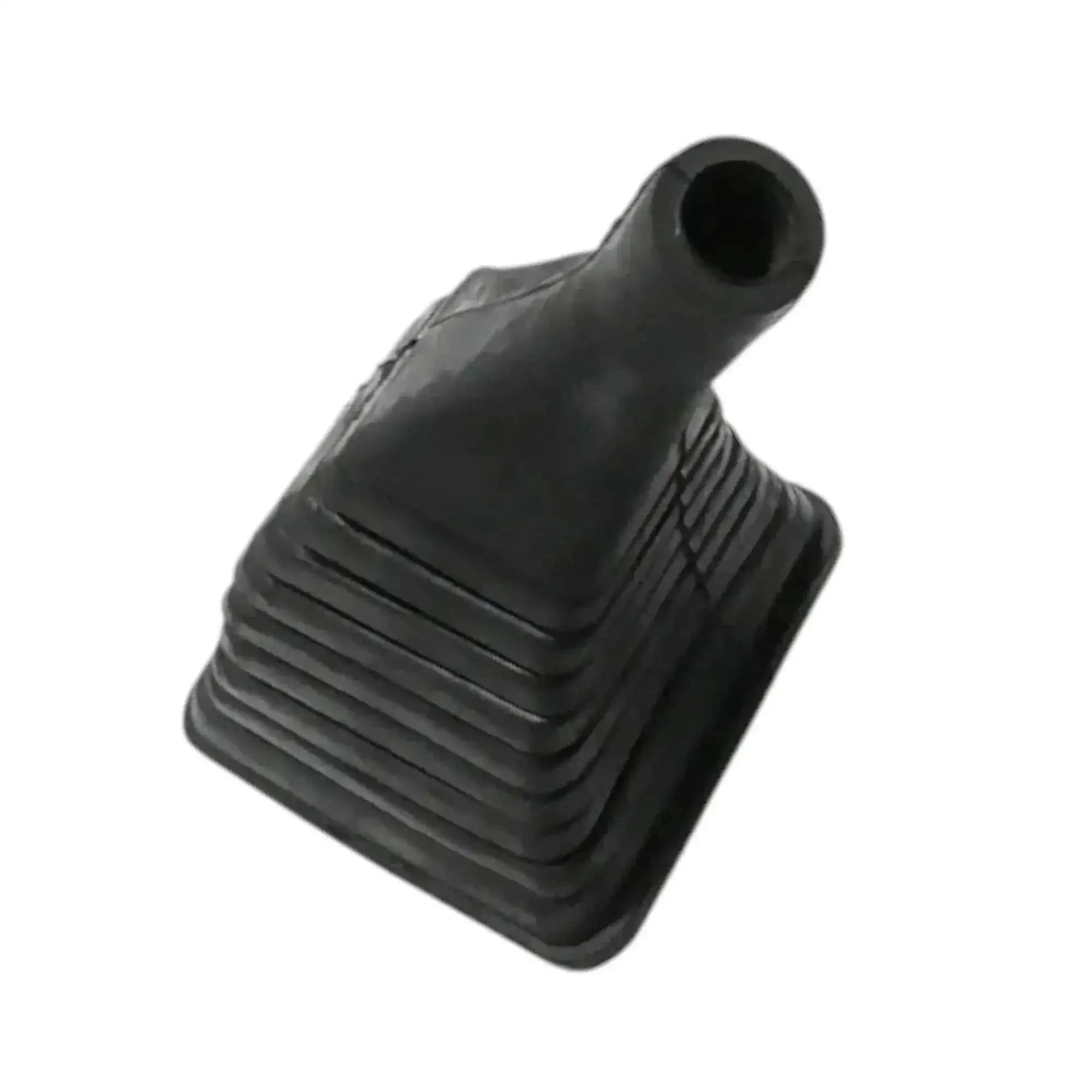 Black rubber excavator control gaiter boot with ribbed accordion sides and round opening