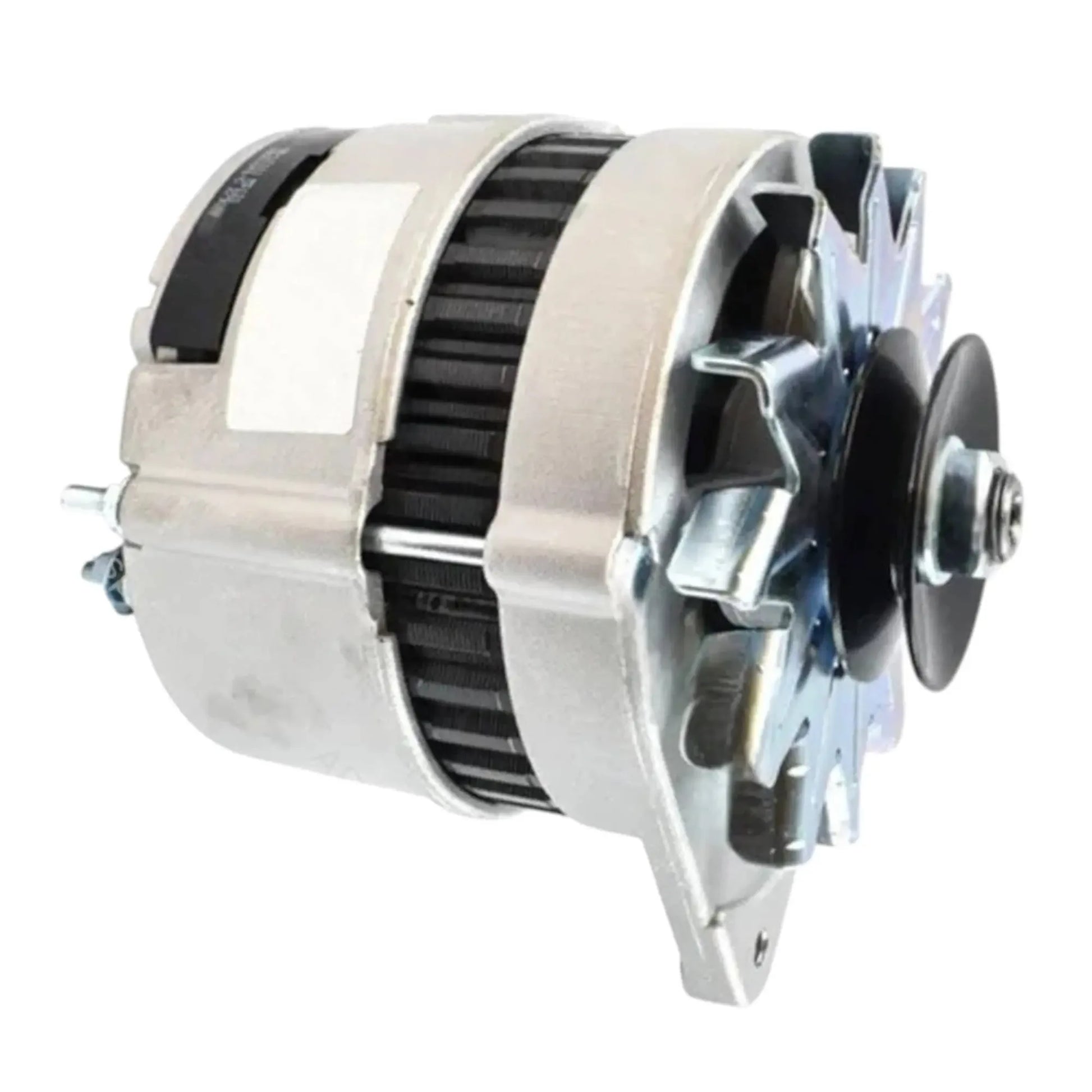 Alternator assembly side view with black belt pulley, silver vents and brackets