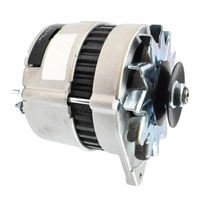 Alternator assembly side view with black belt pulley, silver vents and brackets