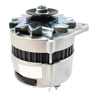 Alternator assembly with belt pulley, silver housing fins, top mounting hardware