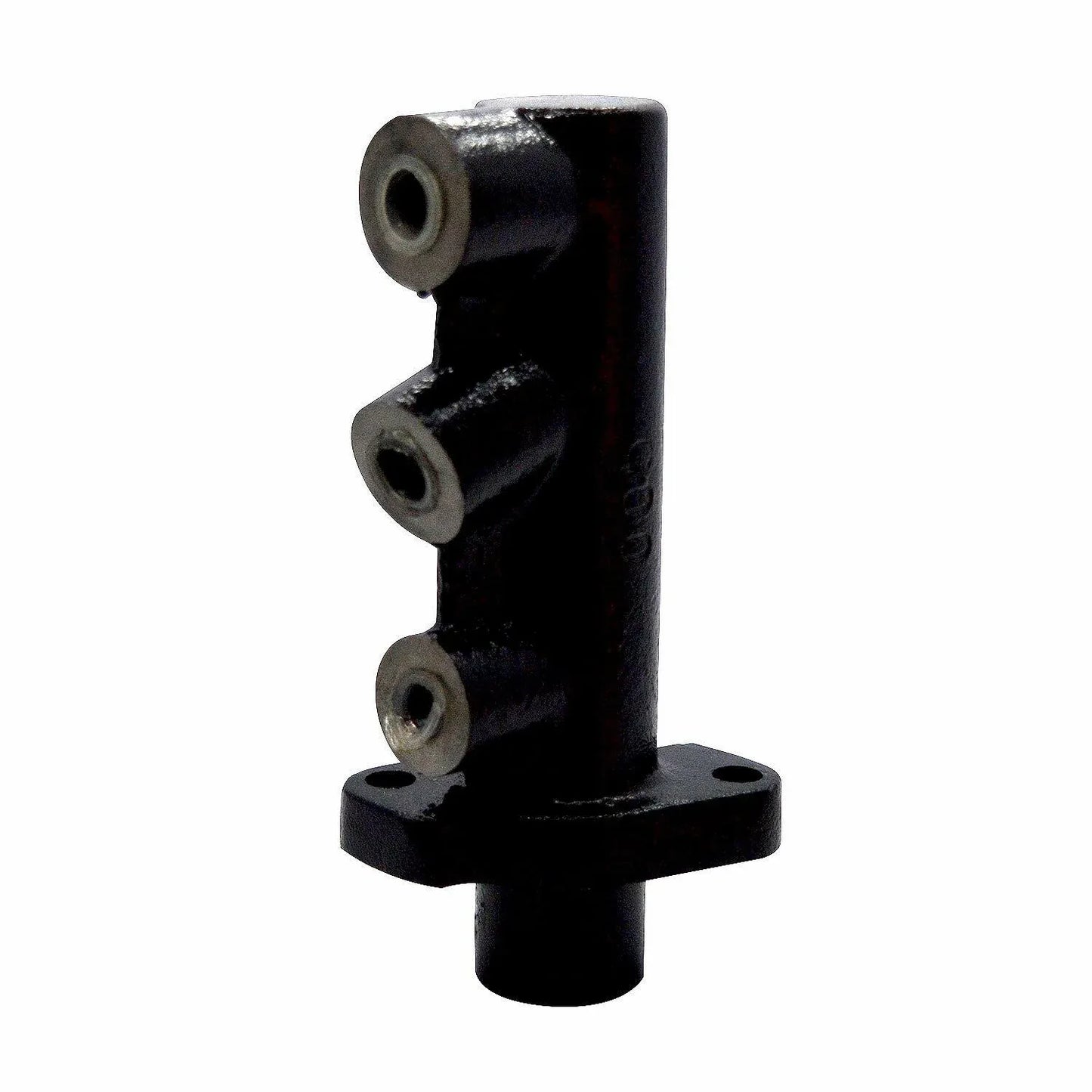 Black metal brake master cylinder with two ports and mounting flange
