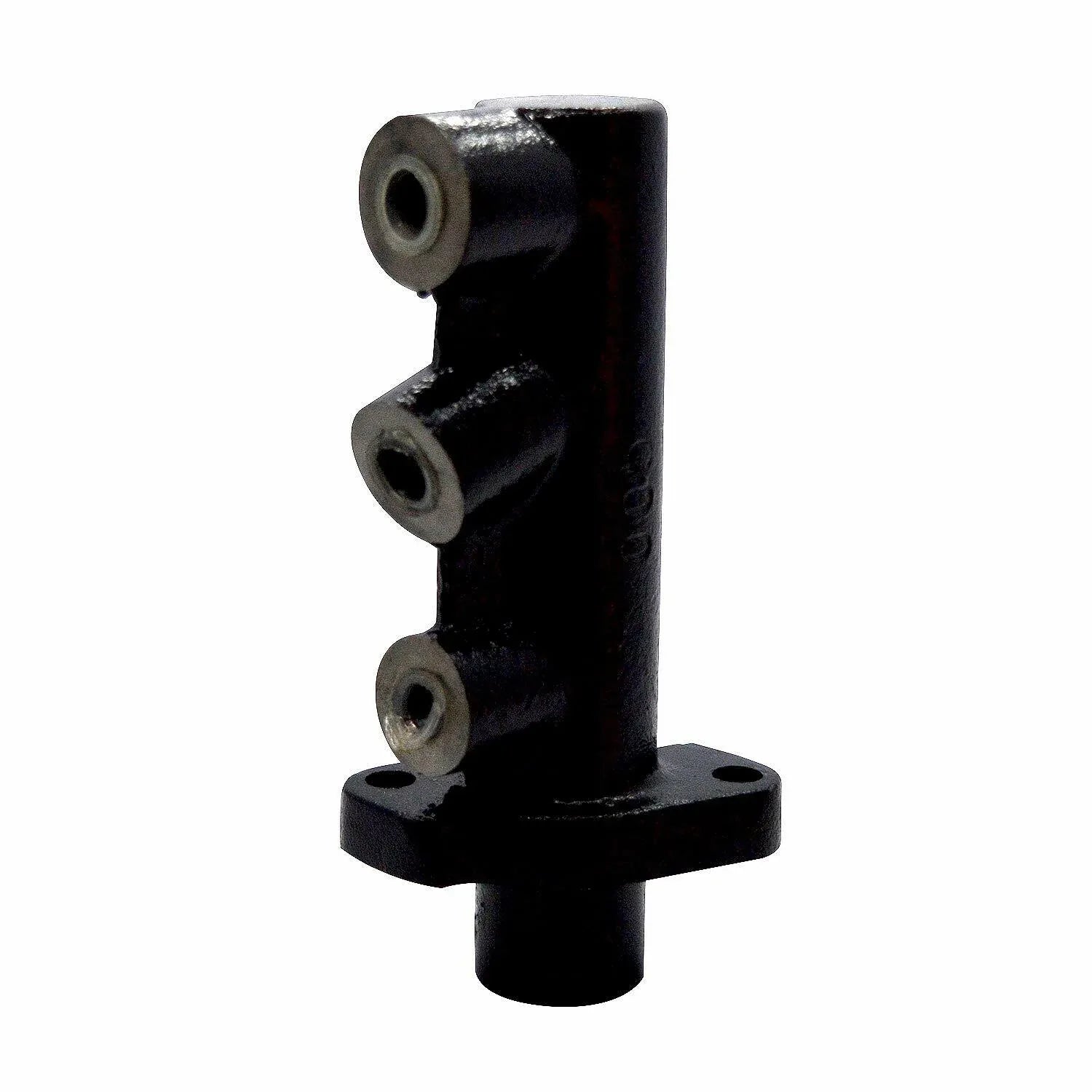 Black metal brake master cylinder with two ports and mounting flange