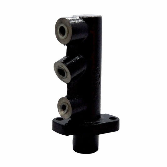 Black metal brake master cylinder with two ports and mounting flange