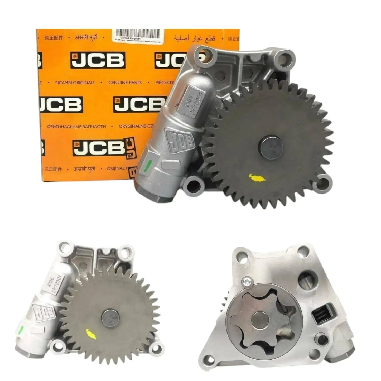 Oil pump gear assembly with mounting face and JCB packaging box