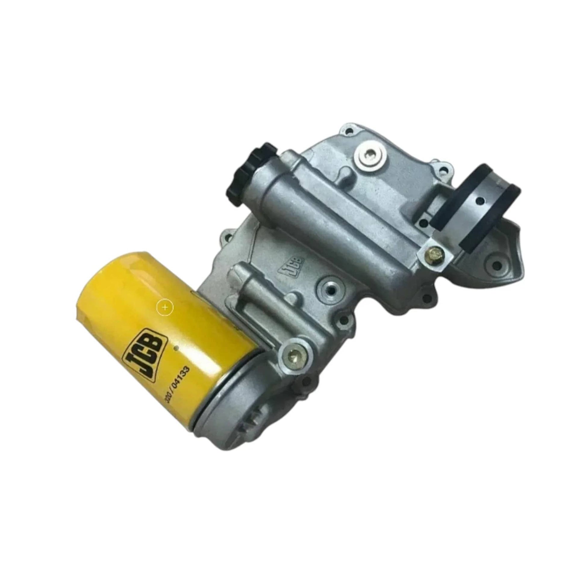 JCB 3CX oil cooler assembly with yellow reservoir and metal housing for efficient engine cooling