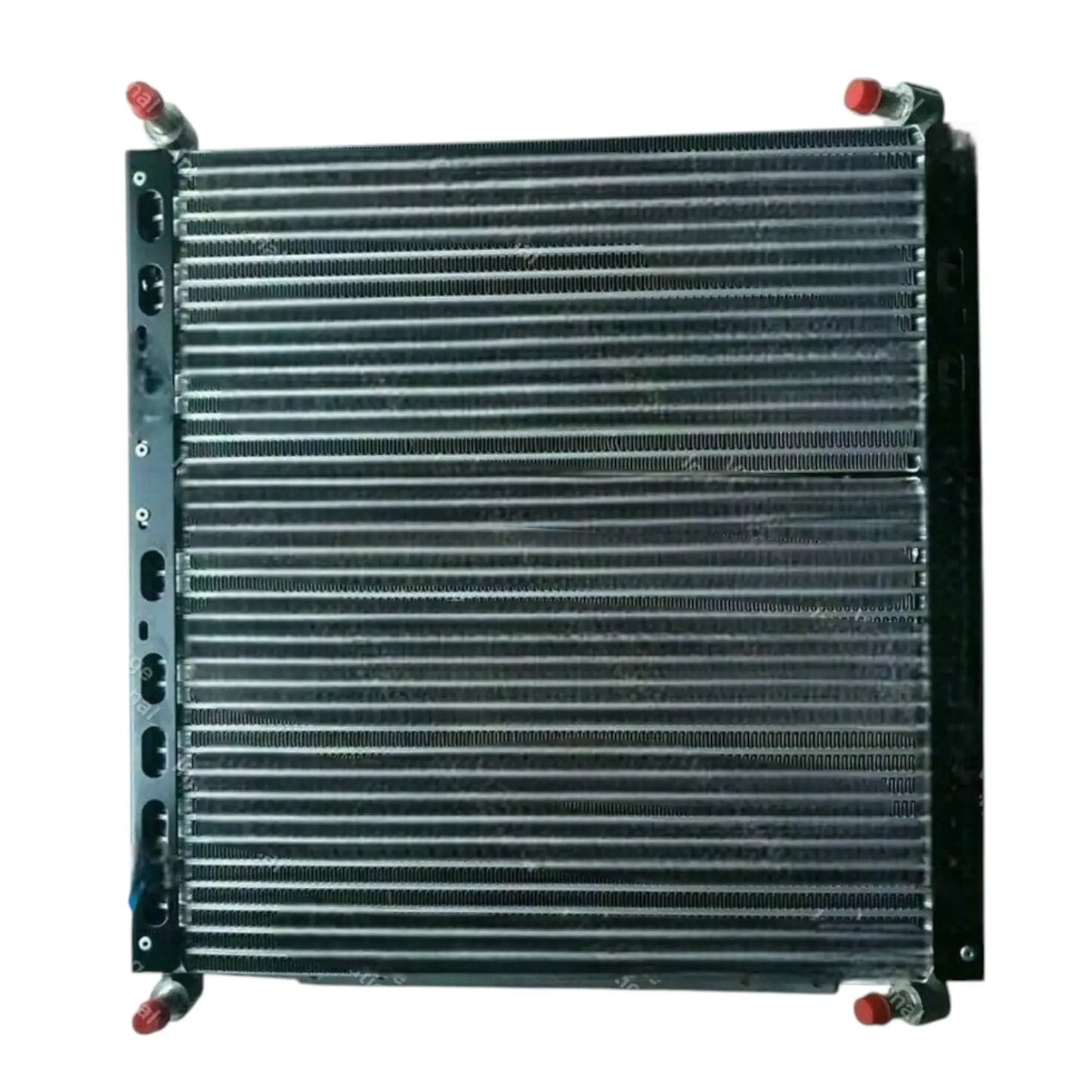 Radiator oil cooler grille with horizontal fins and corner mounting hardware with red caps