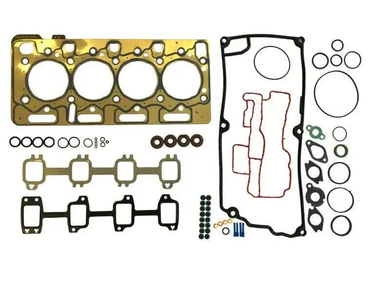 Engine top gasket set with metal and rubber sealing pieces, multiple shapes
