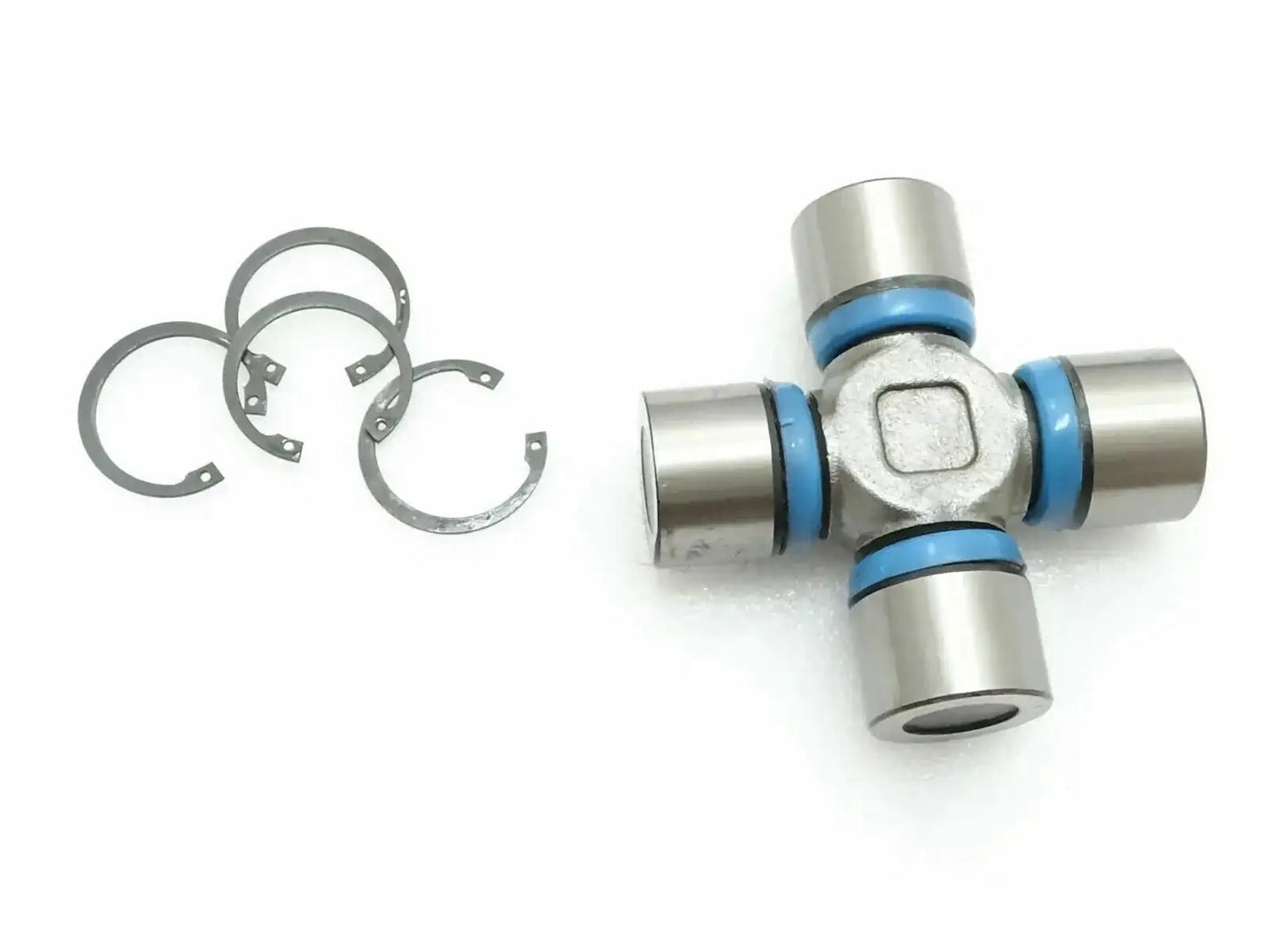 Universal joint kit with metal cross and blue retaining rings, includes circlips