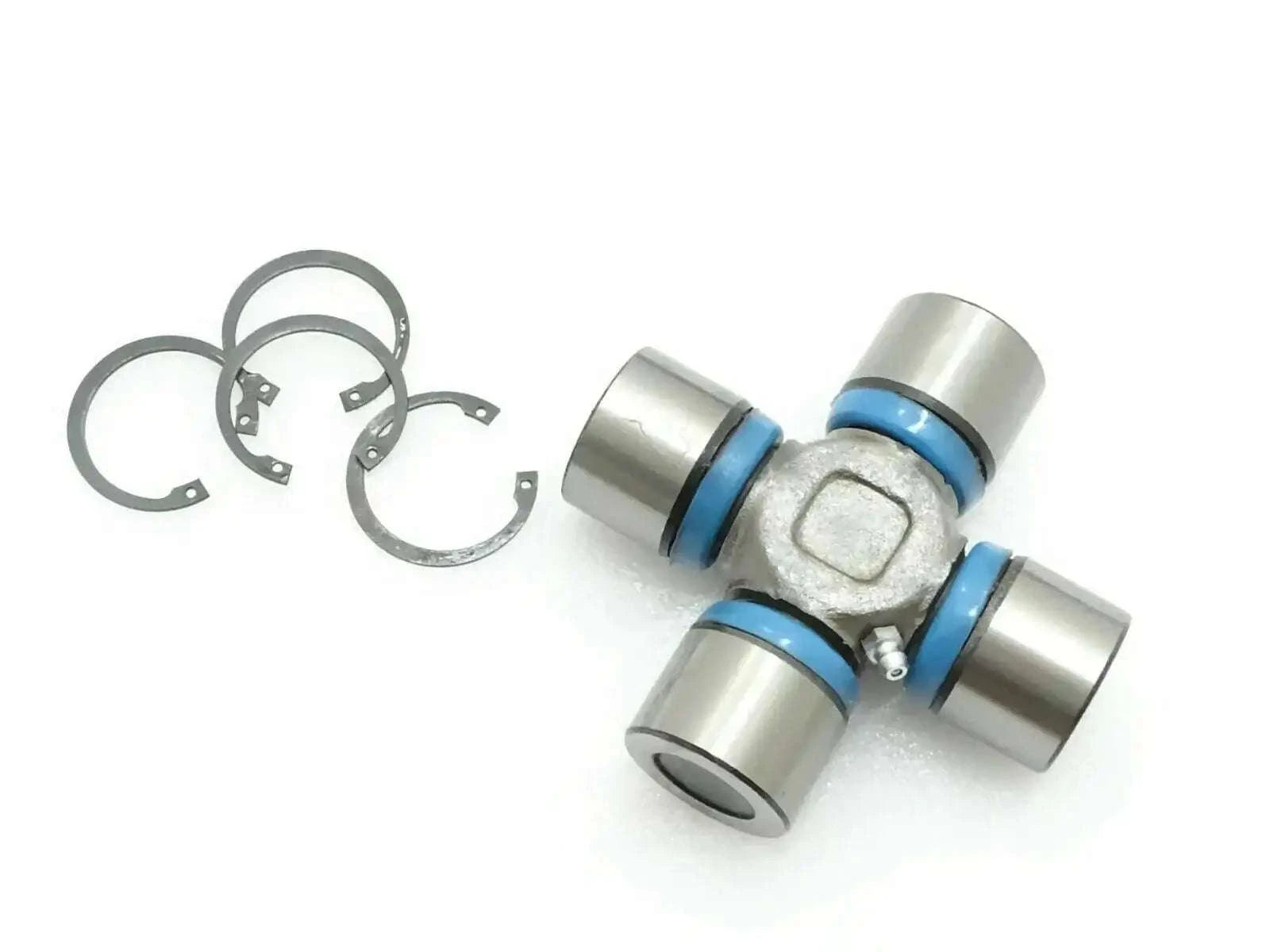 Universal joint kit with metal cross and blue bearings, with circlip retaining rings