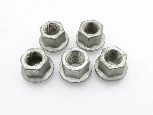 Set of five silver metal hex wheel nuts with threaded bores