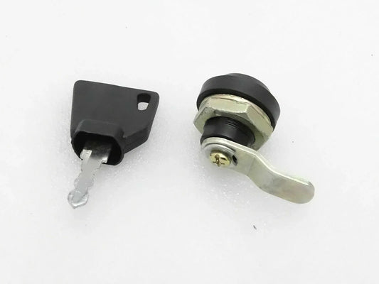JCB 3DX hood lock with key, made from durable metal with a robust handle for secure use.