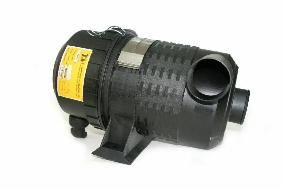 Black air filter housing with circular ends and yellow label, plastic intake outlet