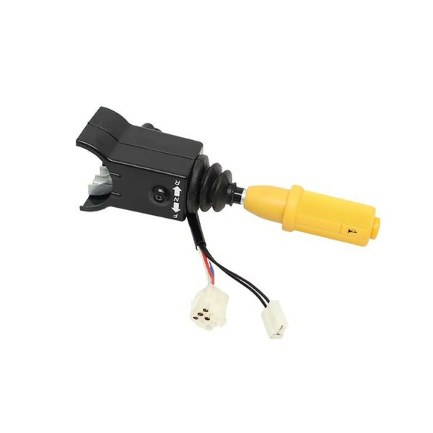 Backhoe forward and reverse switch with black body, yellow connector and wiring plugs