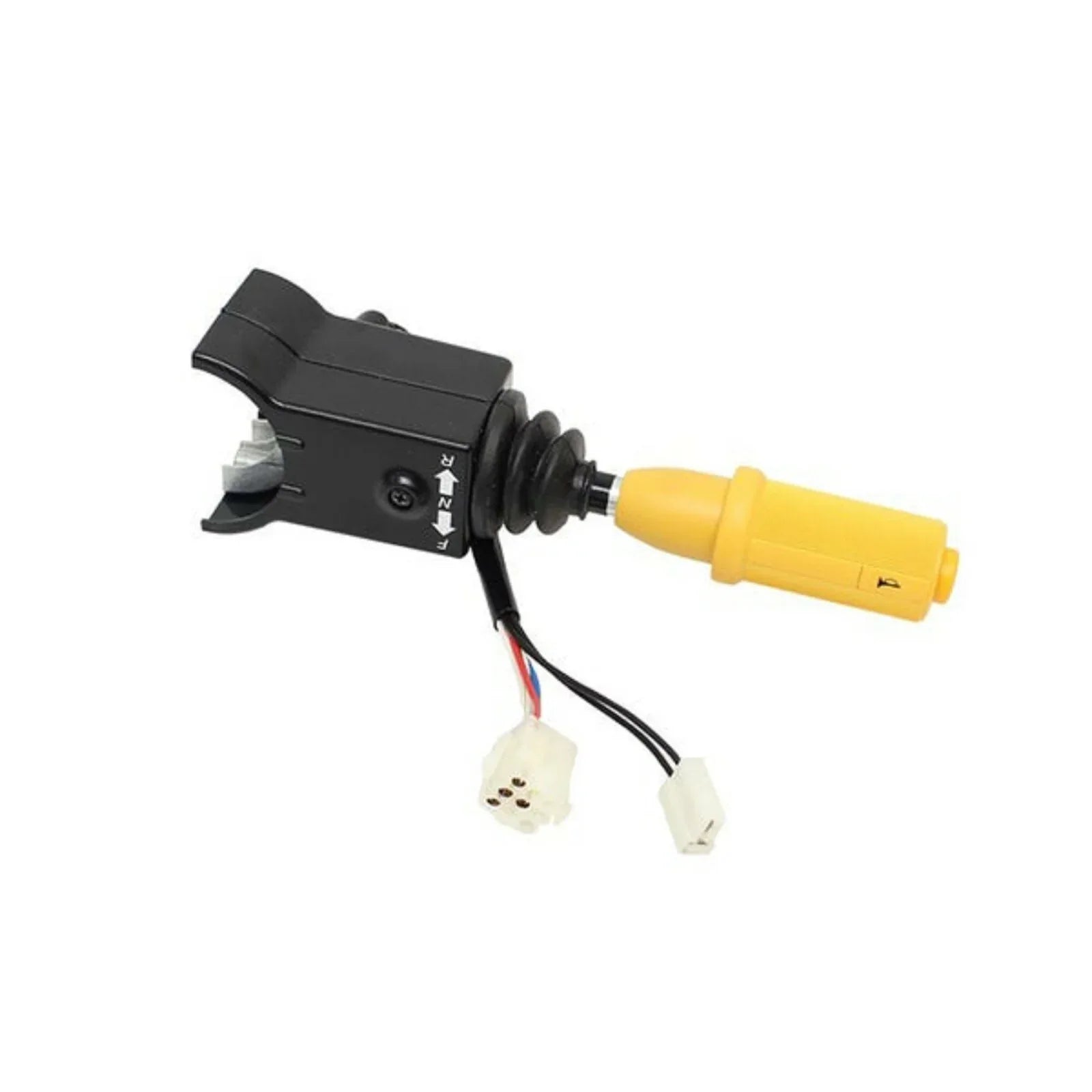 Backhoe forward and reverse switch with black body, yellow connector and wiring plugs