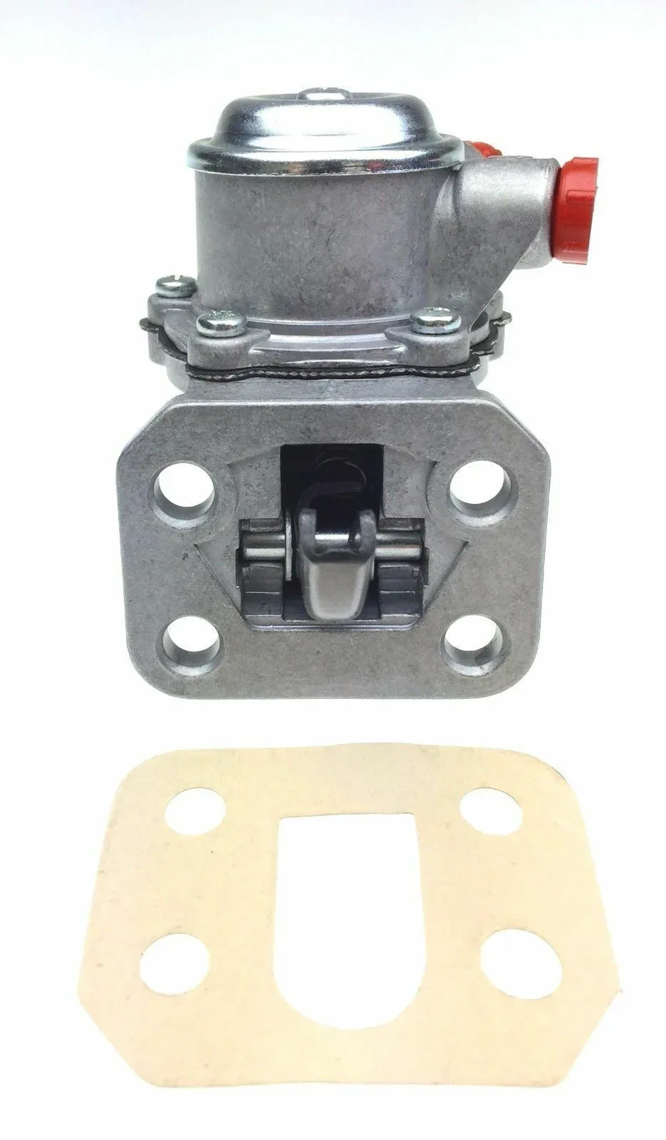 Fuel lift pump with mounting flange, red outlet, and beige gasket seal