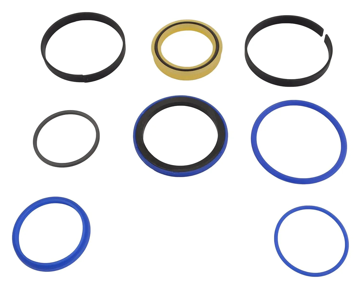Hydraulic cylinder seal kit with assorted O-rings in black, blue, and gold
