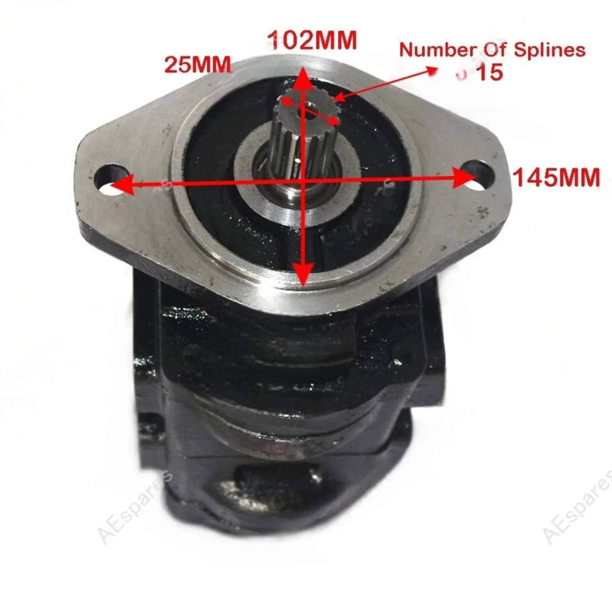JCB backhoe hydraulic twin pump with detailed measurements and specifications for equipment repair