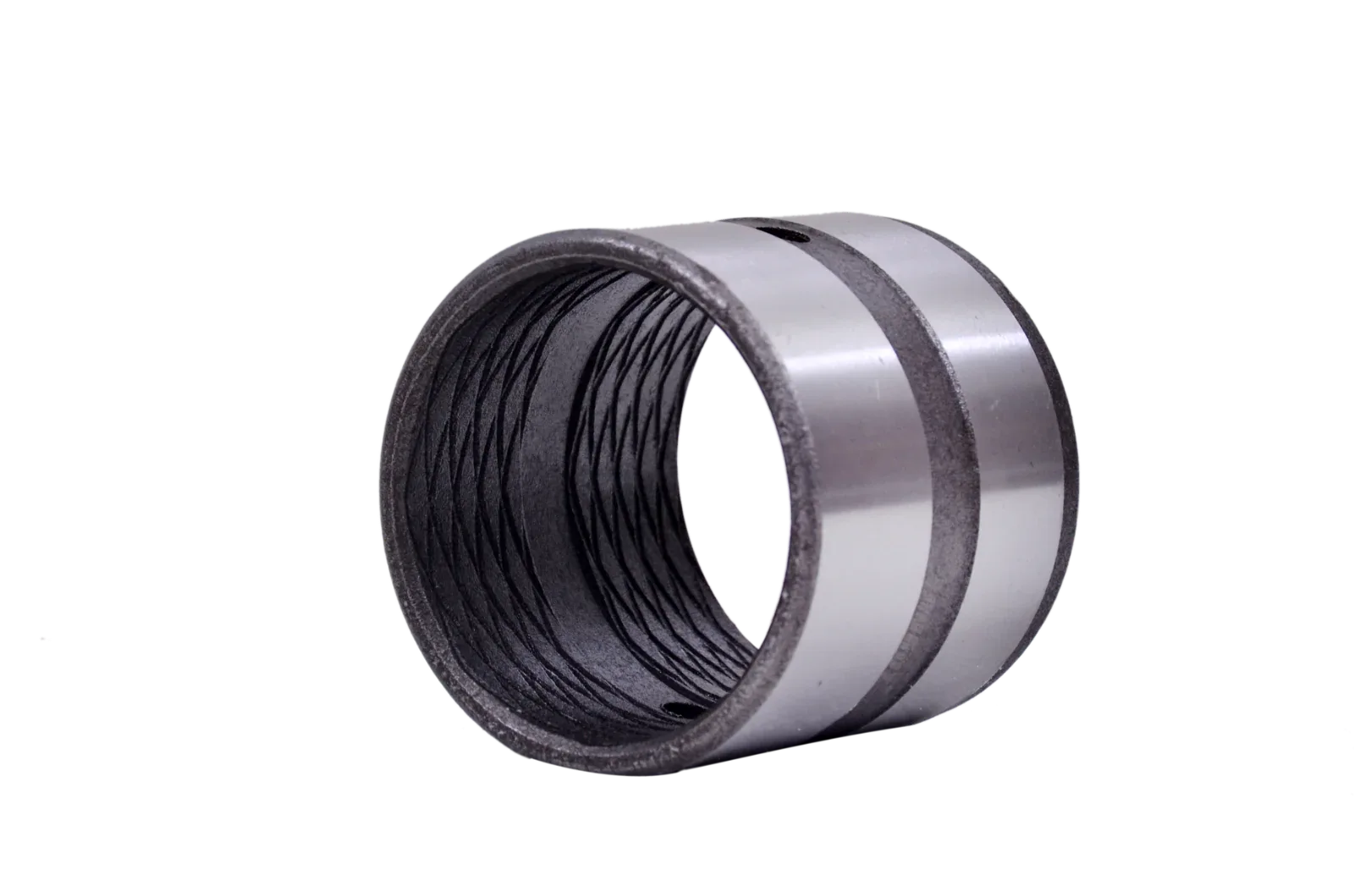 Metal bearing bushing with dark inner lining and outer steel ring