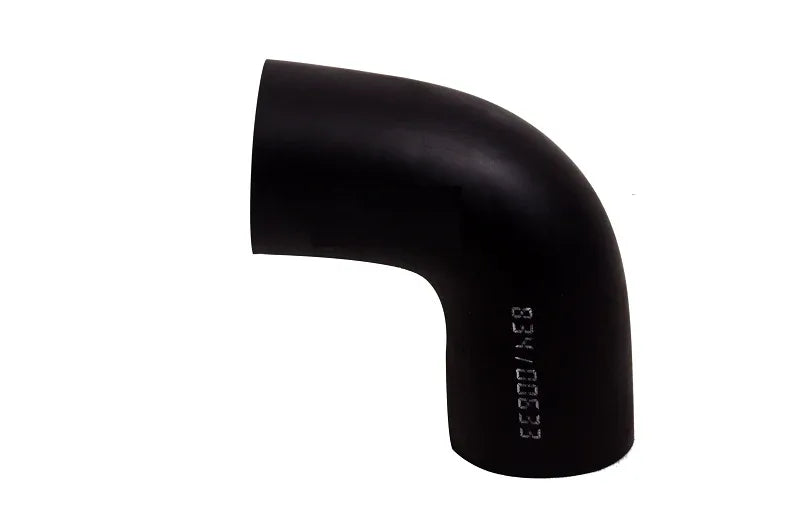 Black hose elbow fitting with embossed code on the curved section