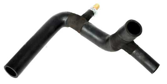Black rubber water hose with angled T-fitting and threaded connector