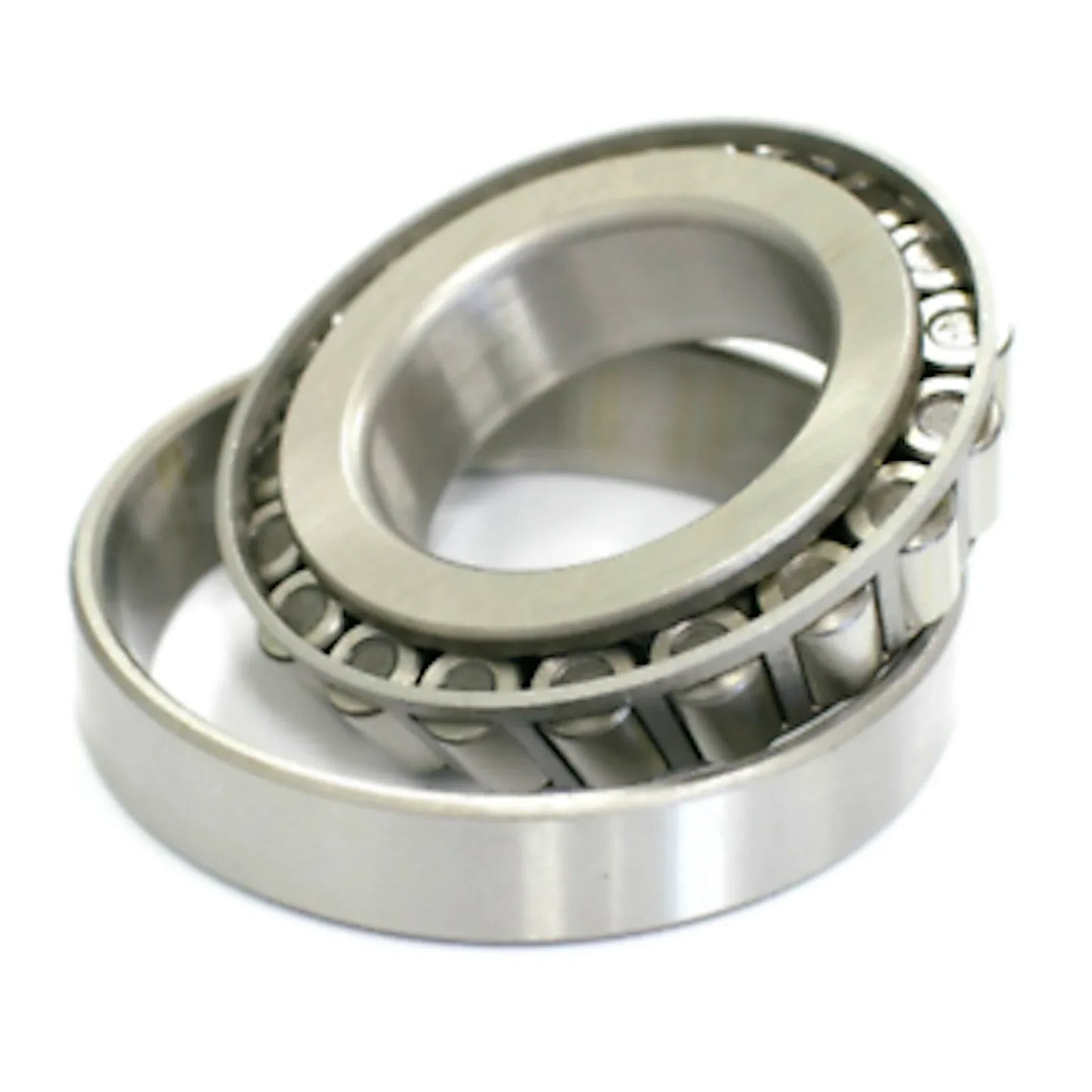 Metal roller bearing with inner ring and outer cage, close-up view