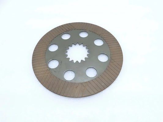 Brake friction plate with circular disc, six bolt holes, and toothed center