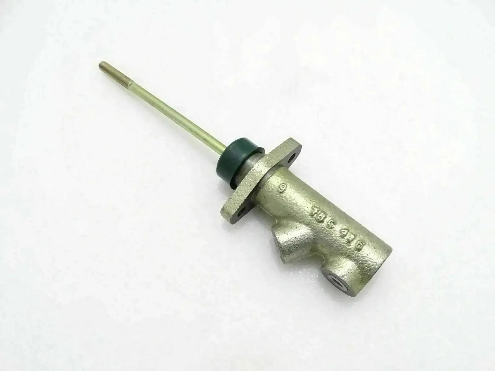 Brake master cylinder with push rod, metallic silver and dark rubber seal