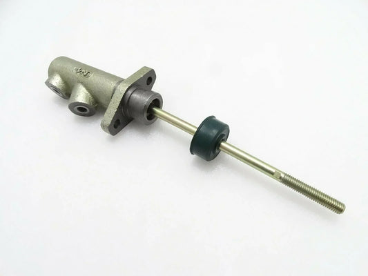 Brake master cylinder with mounting flange and threaded rod, silver metal and green rubber boot
