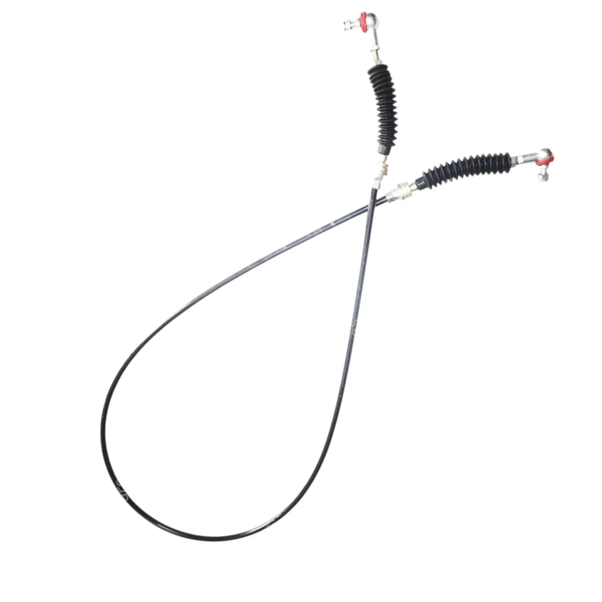 Cable lock assembly with long black cable, metal rods, and red-capped terminals