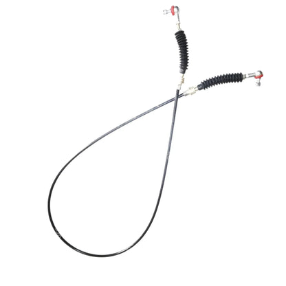 Cable lock assembly with long black cable, metal rods, and red-capped terminals