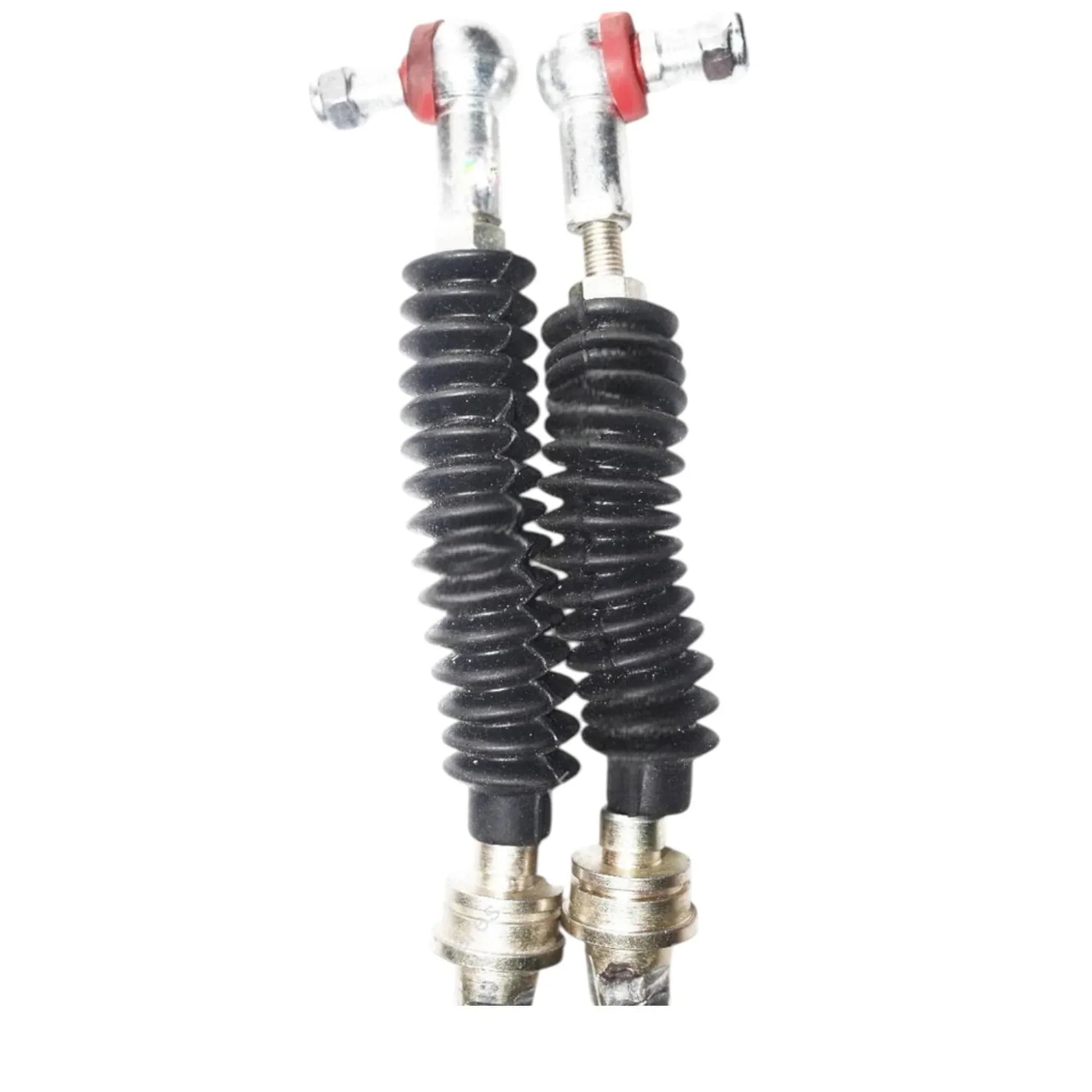 Cable lock assembly with two black spring-like boots and metal connector ends